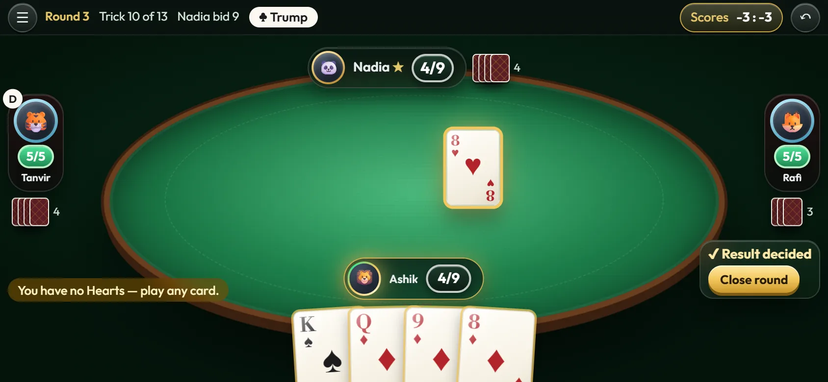 Result decided: the Close round button