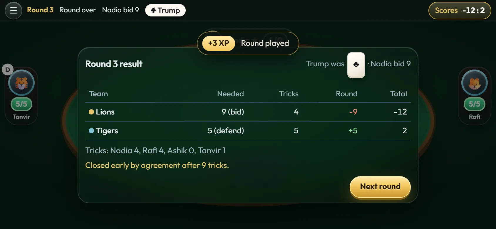 The round result card