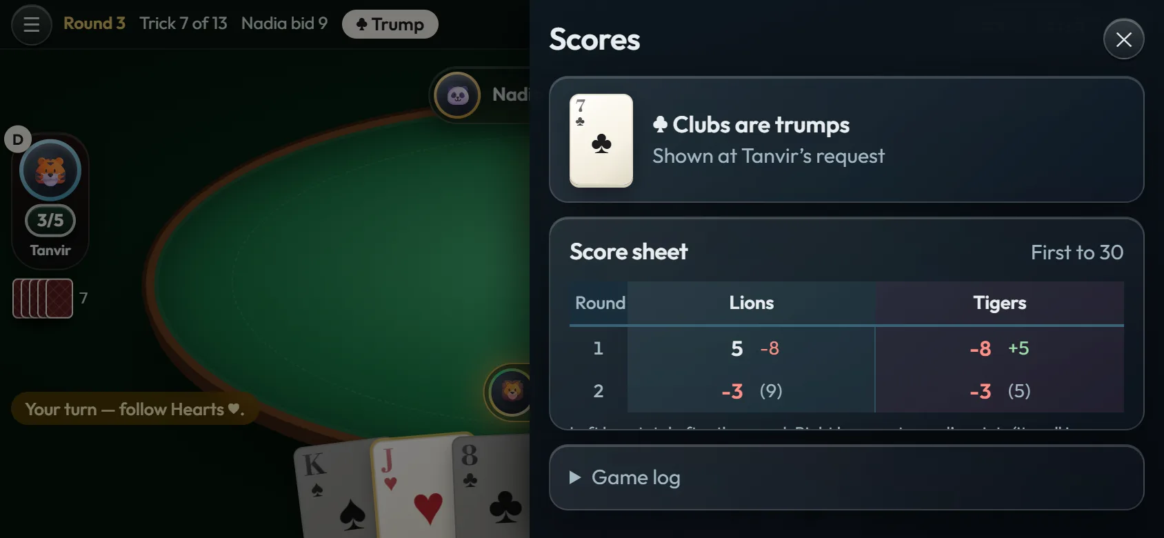 The trump has been shown at a player's request