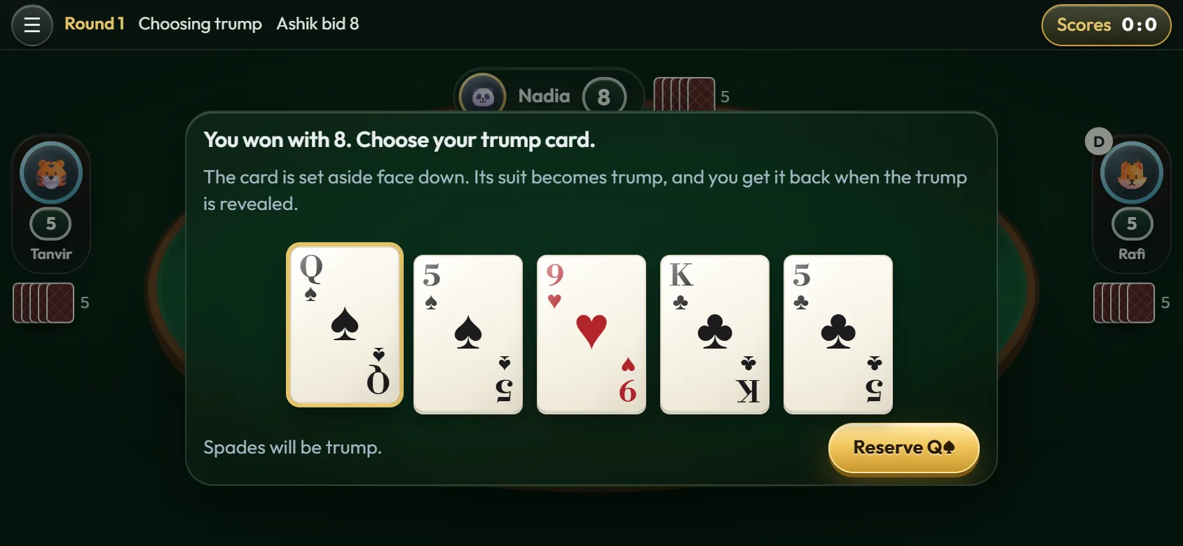 The winning caller chooses a trump card to hide